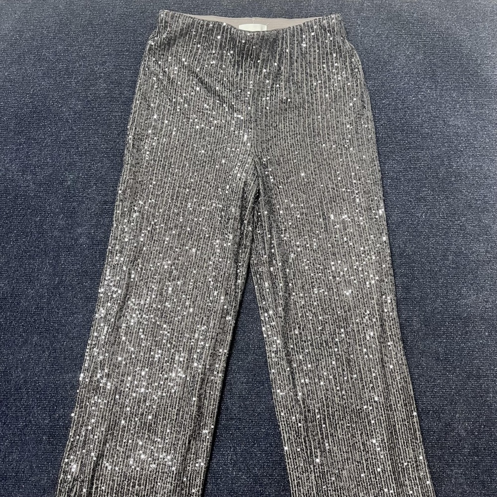 H&M Pants Womens Small Silver Sequin Straight Leg Lined Elastic Waist Party